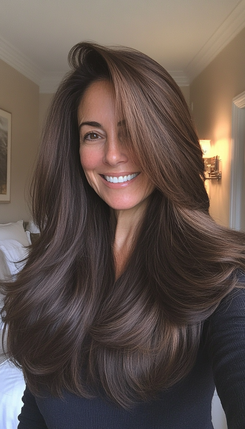 2. Soft Feathered Layers with Deep Brown (Long Hairstyles For Women Over 50) - Long Hairstyles For Women Over 50