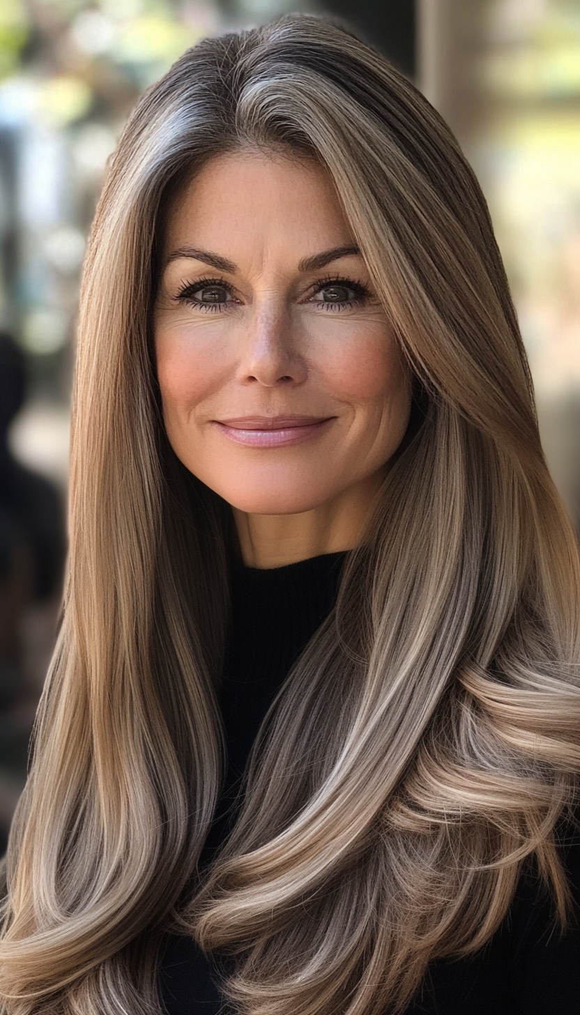 6. Sleek Straight Cut with Ash Brown (Long Hairstyles For Women Over 50) - Long Hairstyles For Women Over 50