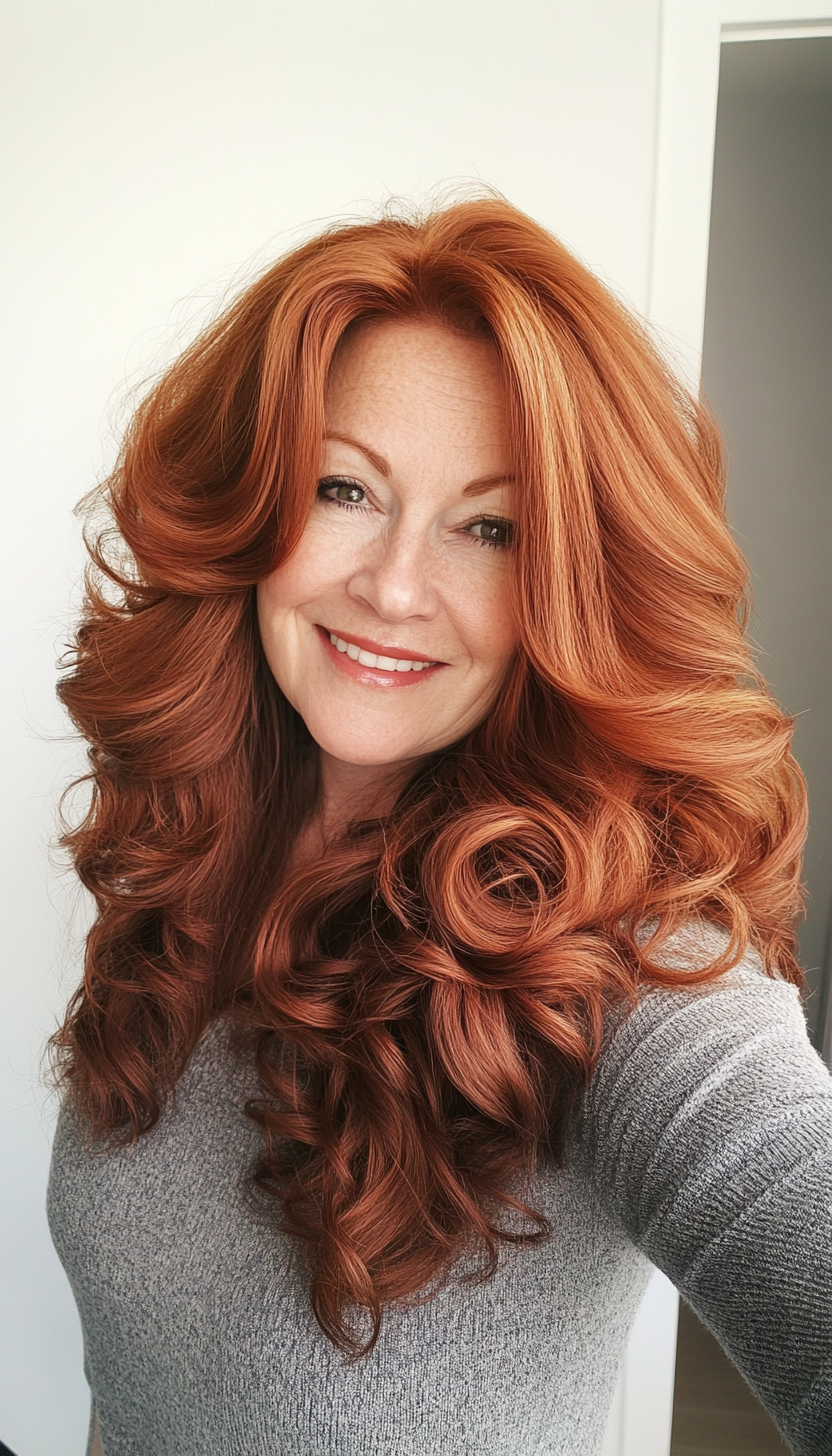 8. Romantic Curls with Dark Auburn (Long Hairstyles For Women Over 50) - Long Hairstyles For Women Over 50
