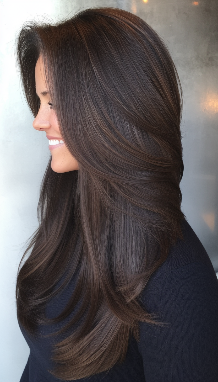 11. Straight Layered Cut with Cool Espresso Brown (Long Hairstyles For Women Over 50) - Long Hairstyles For Women Over 50