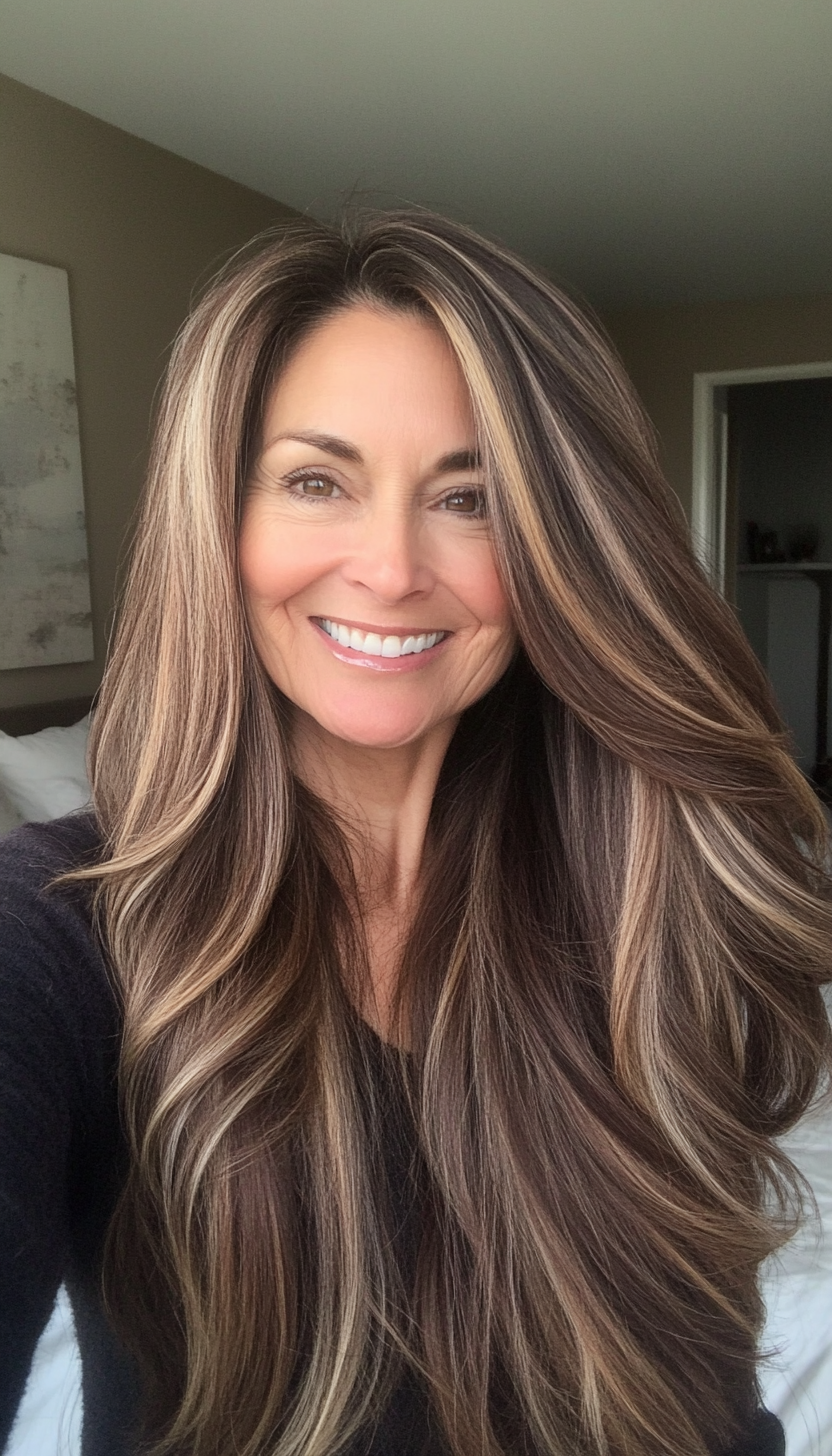 13. Long Side-Parted Layers with Mocha Brown (Long Hairstyles For Women Over 50) - Long Hairstyles For Women Over 50