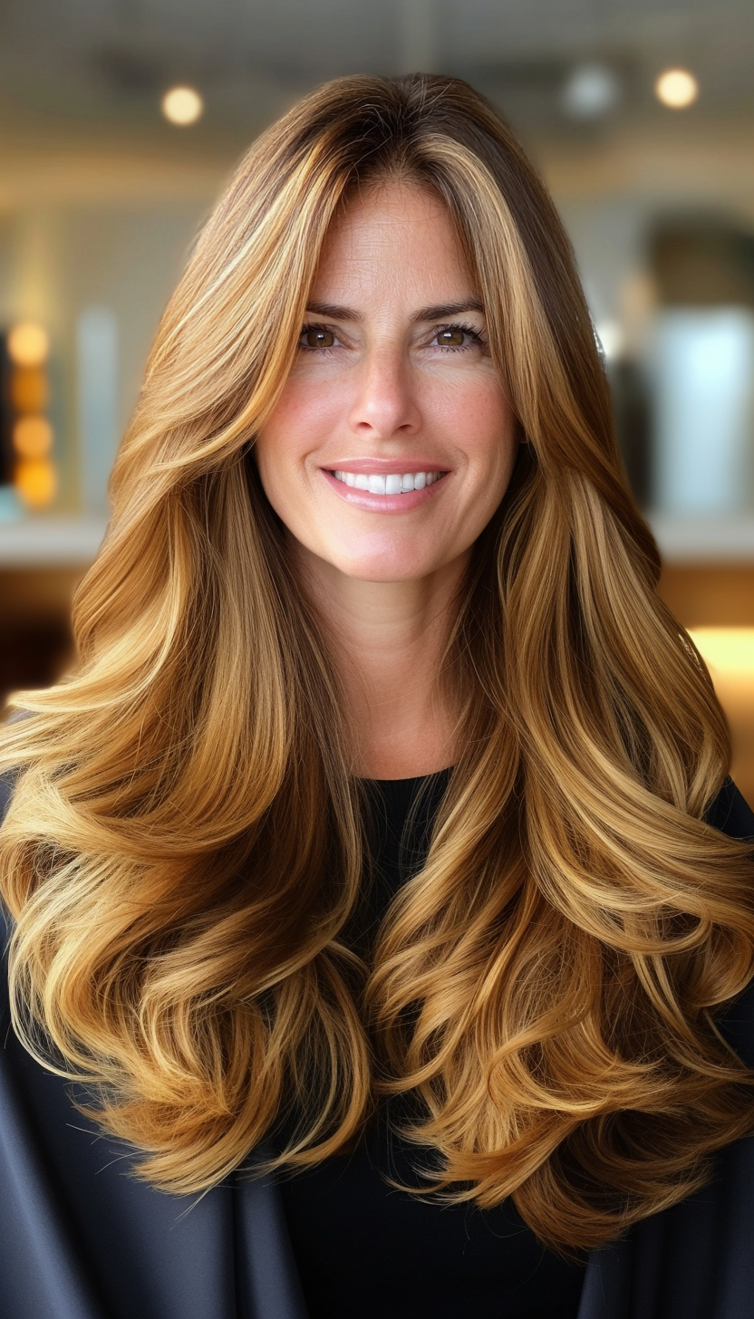 17. Cascading Layers with Golden Brown (Long Hairstyles For Women Over 50) - Long Hairstyles For Women Over 50