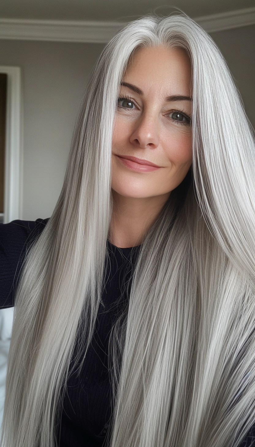 19. Elegant Straight Cut with Natural Silver (Long Hairstyles For Women Over 50) - Long Hairstyles For Women Over 50