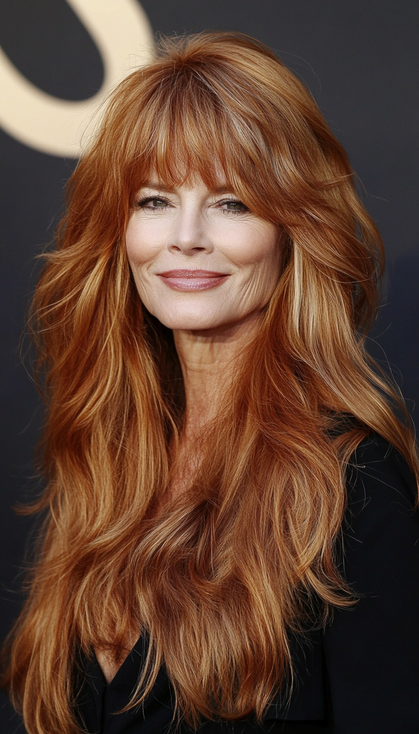 23. Long Feathered Bangs with Golden Chestnut (Long Hairstyles For Women Over 50) - Long Hairstyles For Women Over 50