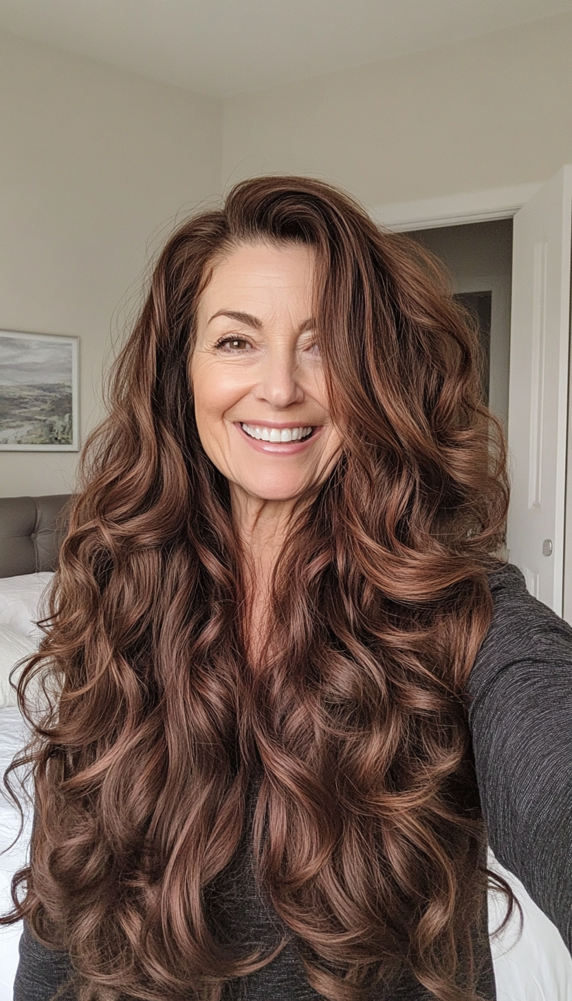 24. Bouncy Curls with Warm Mahogany Brown (Long Hairstyles For Women Over 50) - Long Hairstyles For Women Over 50