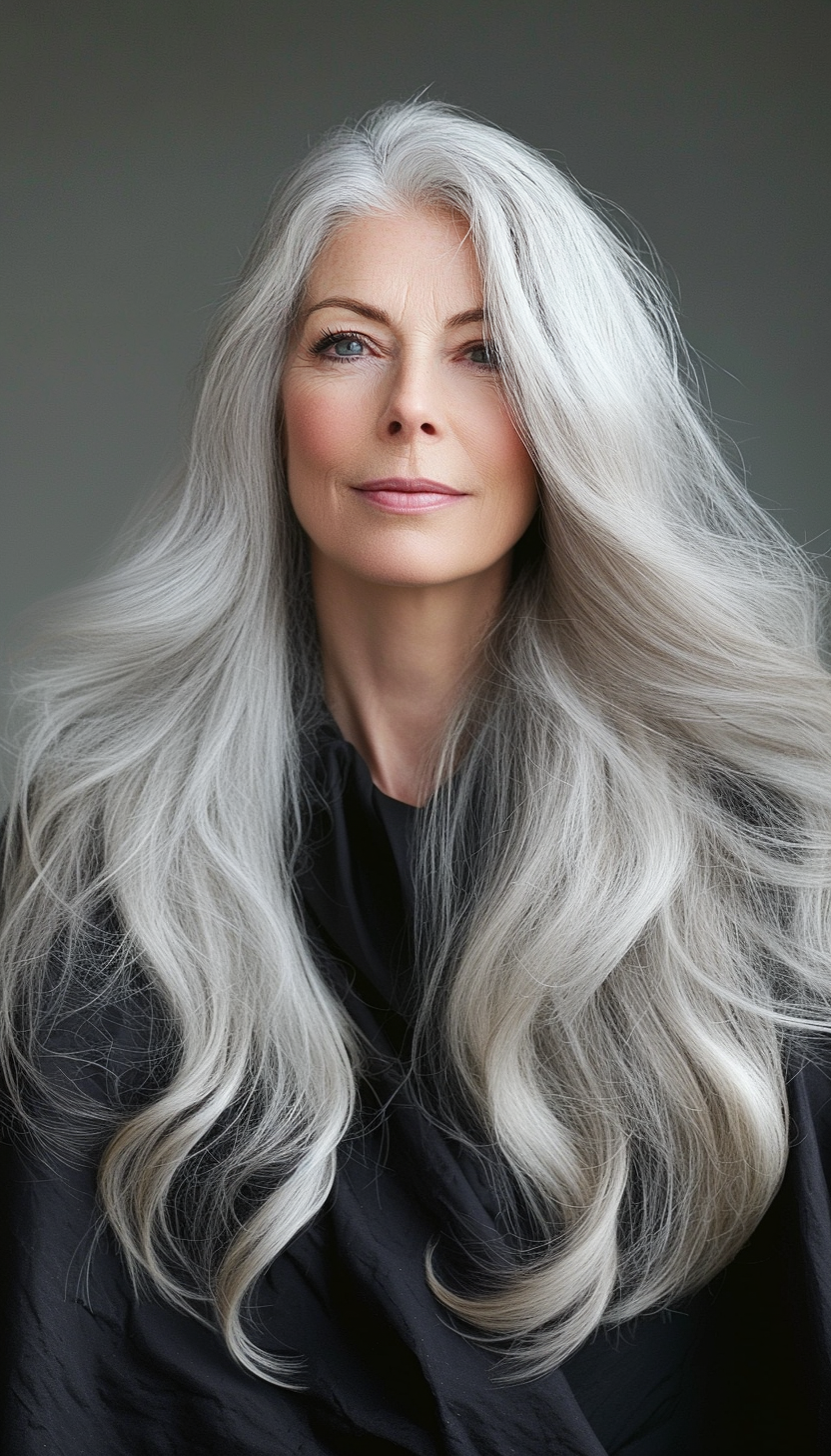 25. Long Flowing Waves with Salt and Pepper Tones (Long Hairstyles For Women Over 50) - Long Hairstyles For Women Over 50