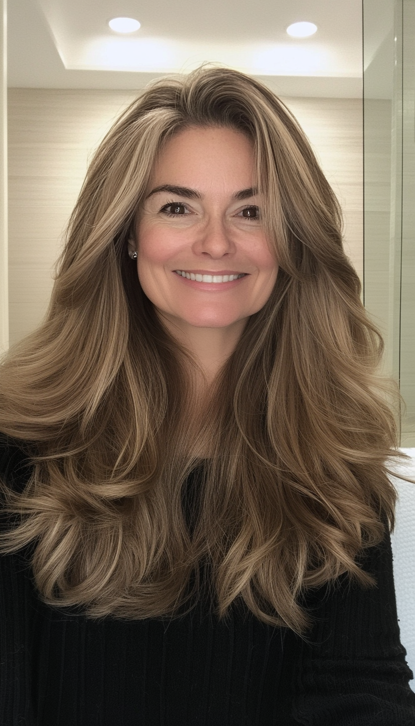 26. Low-Maintenance Layered Cut with Cool Beige Brown (Long Hairstyles For Women Over 50) - Long Hairstyles For Women Over 50