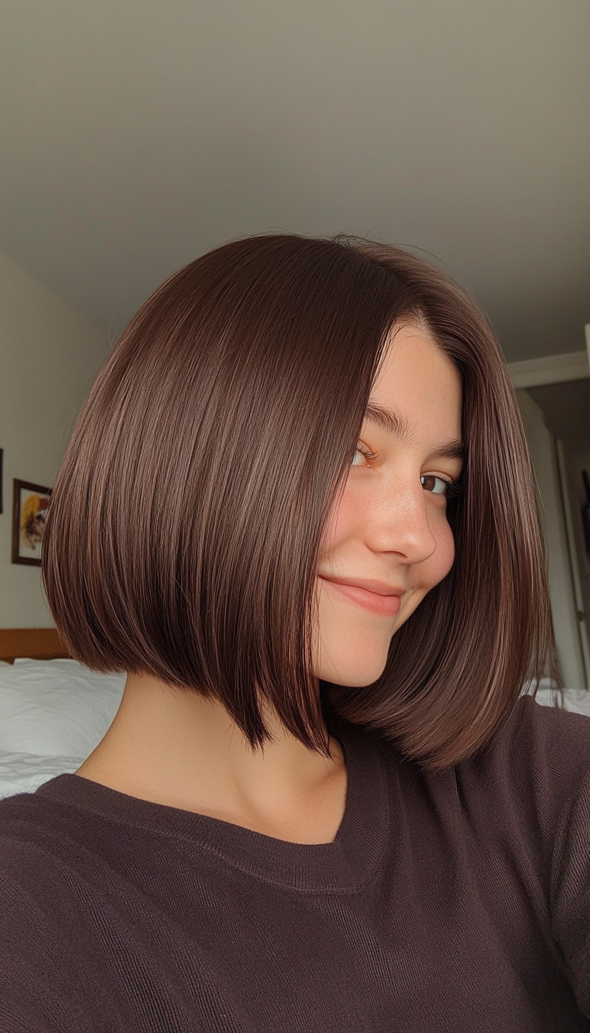 25. Espresso Brown Bob with Curtain Bangs (Medium Length Inverted Bob Haircuts) - Medium Length Inverted Bob Haircuts