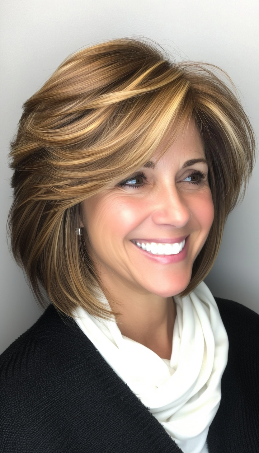 6. Caramel Feathered Bob (Short Hairstyles For Women Over 50 With Thick Hair) - Short Hairstyles For Women Over 50 With Thick Hair