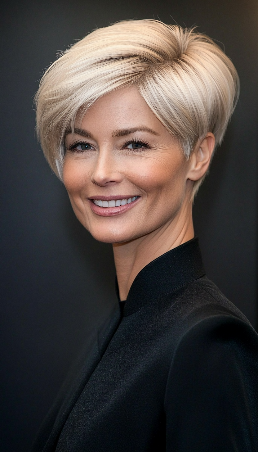 14. Platinum Blonde Pixie with Side Bangs (Short Hairstyles For Women Over 50 With Thick Hair) - Short Hairstyles For Women Over 50 With Thick Hair