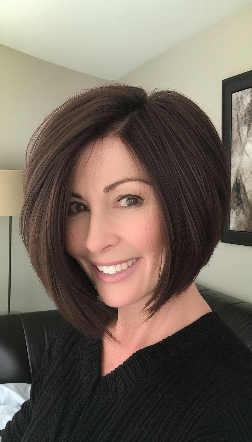 15. Dark Mocha Asymmetrical Bob (Short Hairstyles For Women Over 50 With Thick Hair) - Short Hairstyles For Women Over 50 With Thick Hair