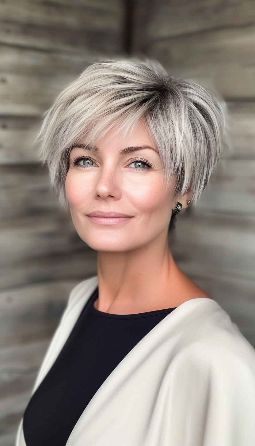 20. Smoky Gray Edgy Crop (Short Hairstyles For Women Over 50 With Thick Hair) - Short Hairstyles For Women Over 50 With Thick Hair