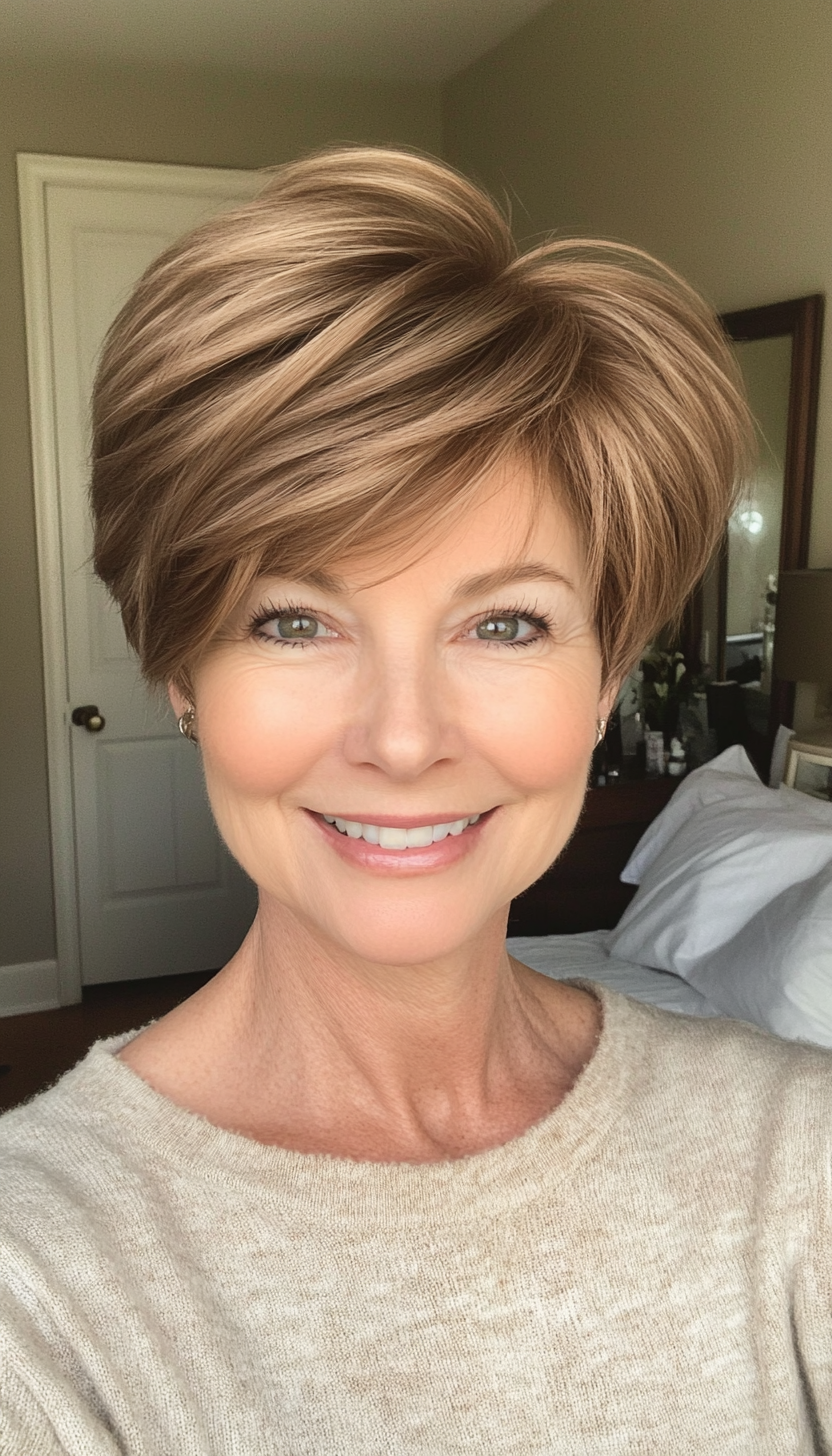 21. Warm Chestnut Feathered Pixie (Short Hairstyles For Women Over 50 With Thick Hair) - Short Hairstyles For Women Over 50 With Thick Hair