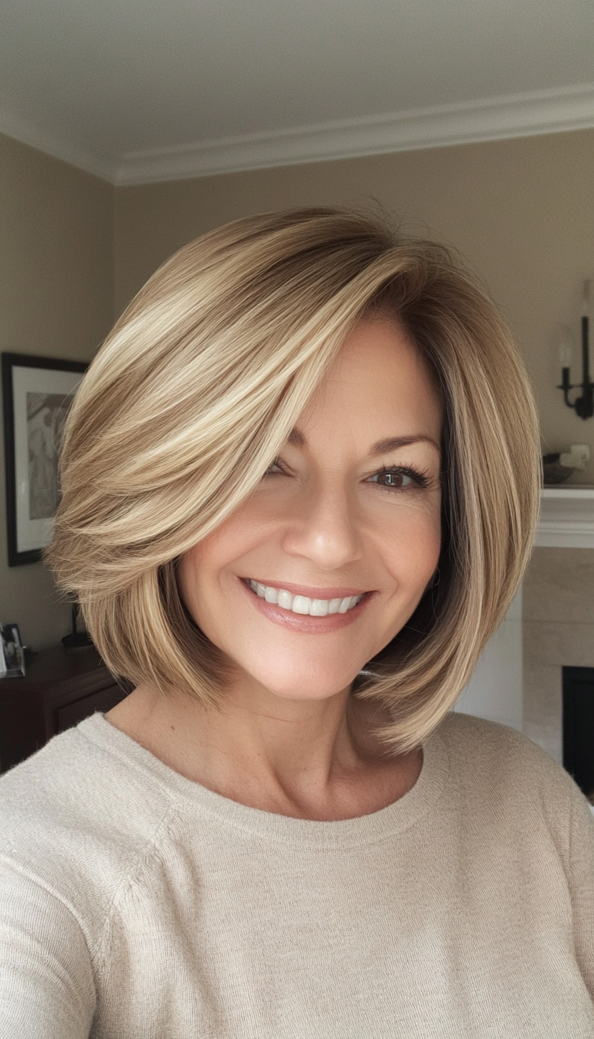 22. Dark Blonde Layered Lob with Side Part (Short Hairstyles For Women Over 50 With Thick Hair) - Short Hairstyles For Women Over 50 With Thick Hair