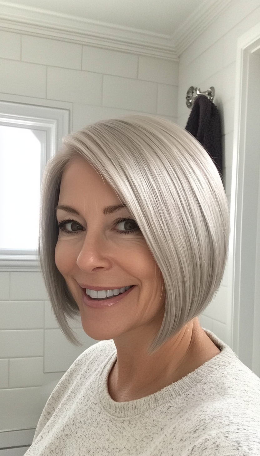 26. Silver Blonde Sleek Bob (Short Hairstyles For Women Over 50 With Thick Hair) - Short Hairstyles For Women Over 50 With Thick Hair
