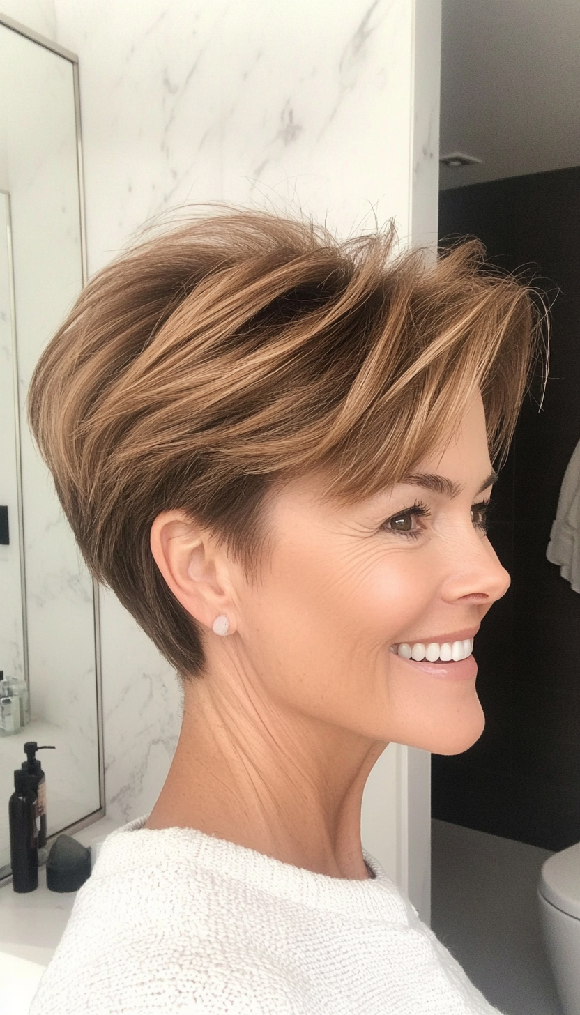 27. Warm Honey Pixie with Subtle Layers (Short Hairstyles For Women Over 50 With Thick Hair) - Short Hairstyles For Women Over 50 With Thick Hair