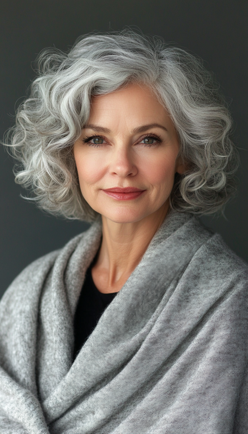 8. Curly Bob in Natural Gray Blend (Bob Haircuts For Older Women Over 50) - Bob Haircuts For Older Women Over 50