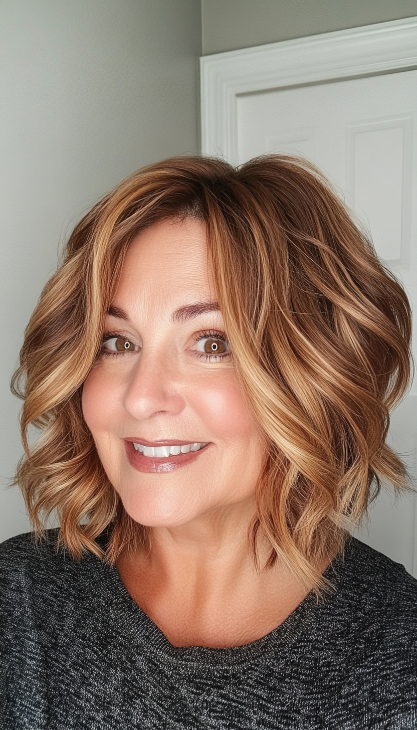 10. Soft Wavy Bob in Caramel Brown (Bob Haircuts For Older Women Over 50) - Bob Haircuts For Older Women Over 50