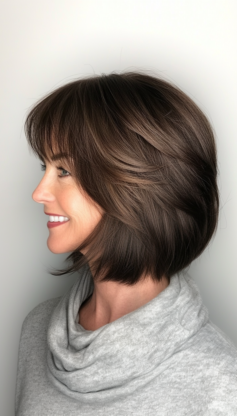 14. Layered Bob with Bangs in Dark Ash Brown (Bob Haircuts For Older Women Over 50) - Bob Haircuts For Older Women Over 50