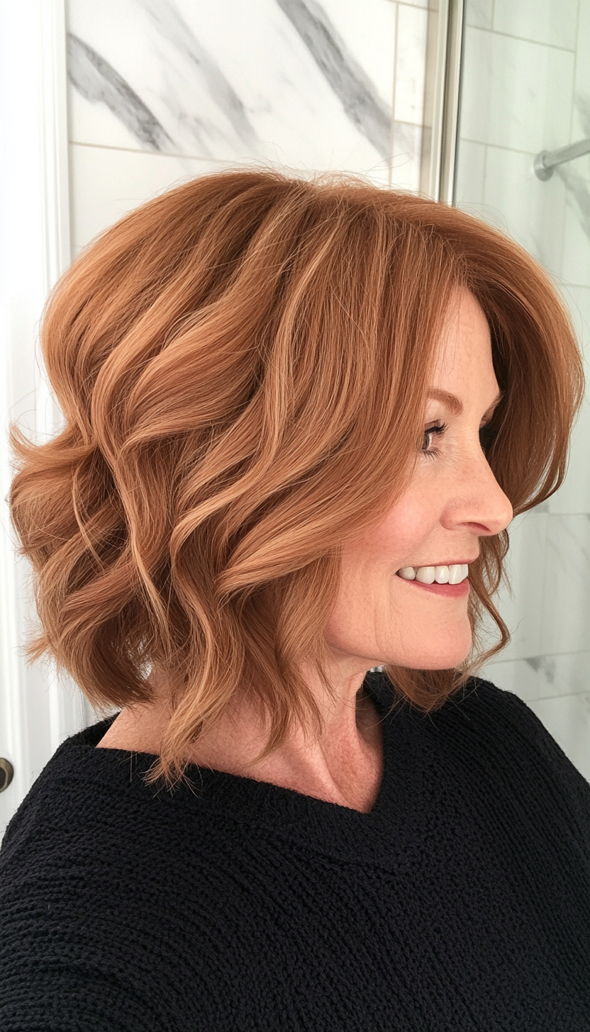 23. Wavy Bob with Side Bangs in Light Copper Brown (Bob Haircuts For Older Women Over 50) - Bob Haircuts For Older Women Over 50