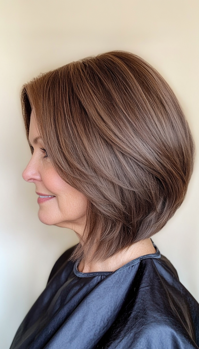 25. Sleek Asymmetrical Bob in Deep Chestnut Brown (Bob Haircuts For Older Women Over 50) - Bob Haircuts For Older Women Over 50