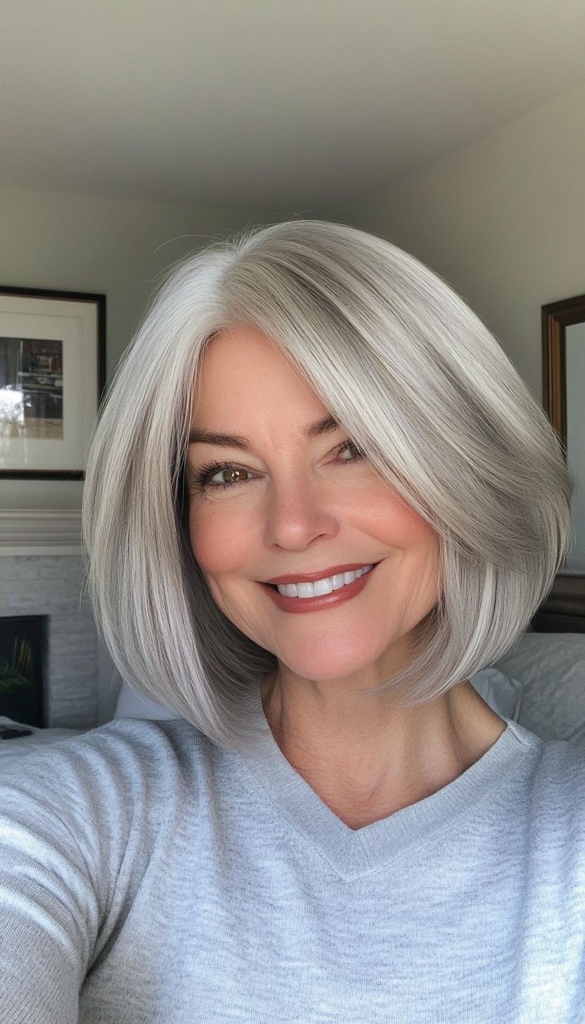 26. Layered Bob with Curtain Bangs in Natural Silver (Bob Haircuts For Older Women Over 50) - Bob Haircuts For Older Women Over 50