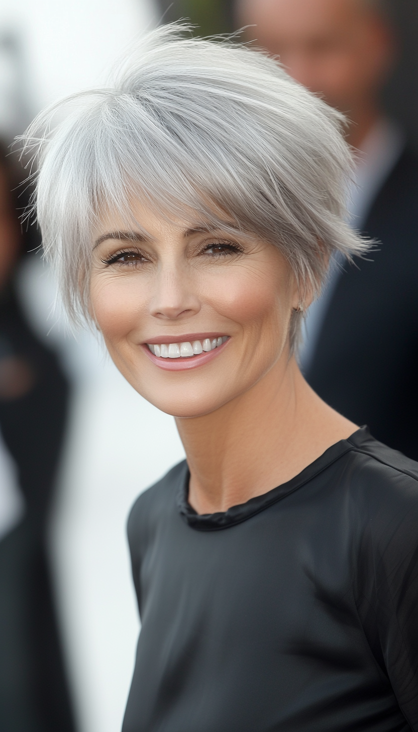 19. Pixie with Wispy Bangs and Soft Pearl Gray (Short Haircuts For Older Women With Thin Hair) - Short Haircuts For Older Women With Thin Hair