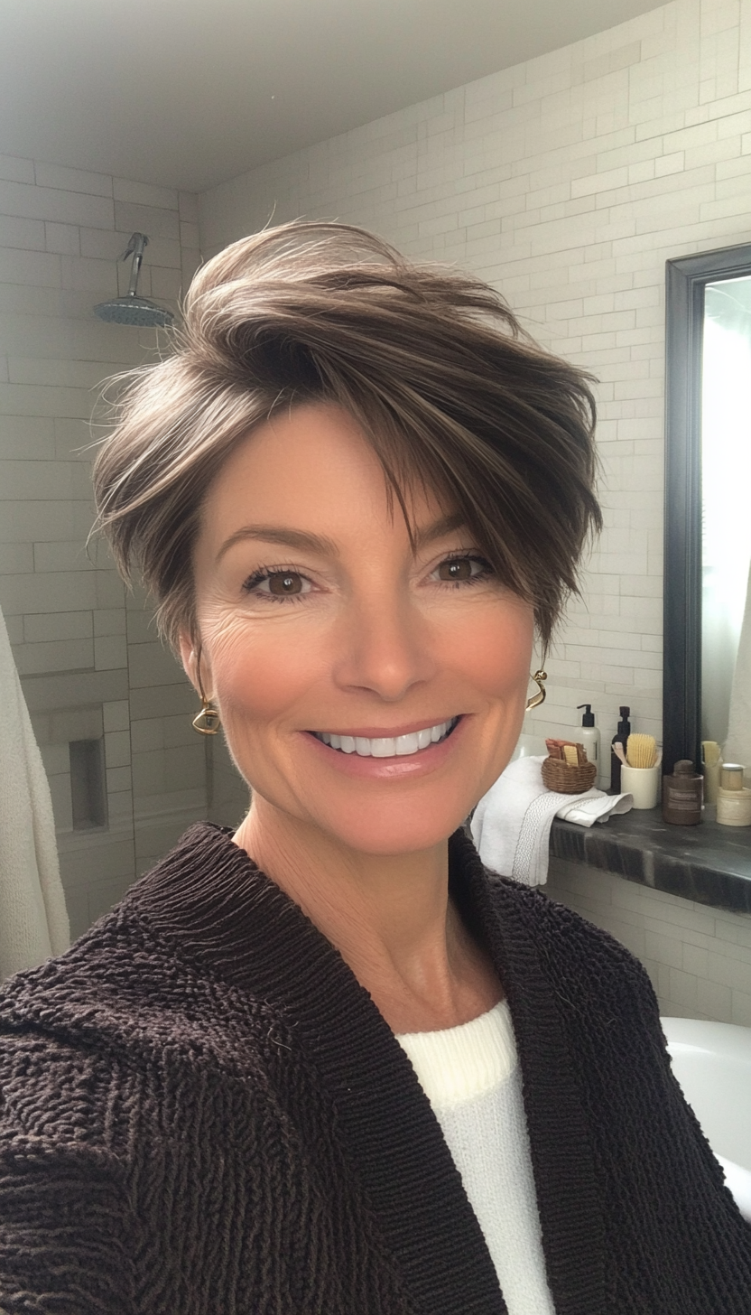 23. Sculpted Short Cut with Dark Chestnut Brown (Short Haircuts For Older Women With Thin Hair) - Short Haircuts For Older Women With Thin Hair