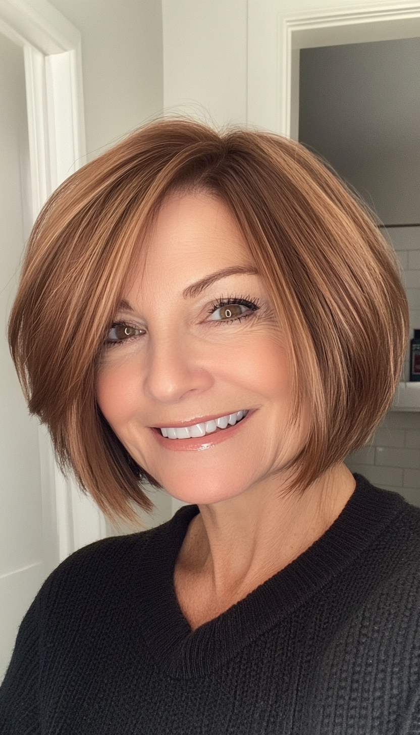 25. Mini Layered Bob with Light Copper Brown (Short Haircuts For Older Women With Thin Hair) - Short Haircuts For Older Women With Thin Hair