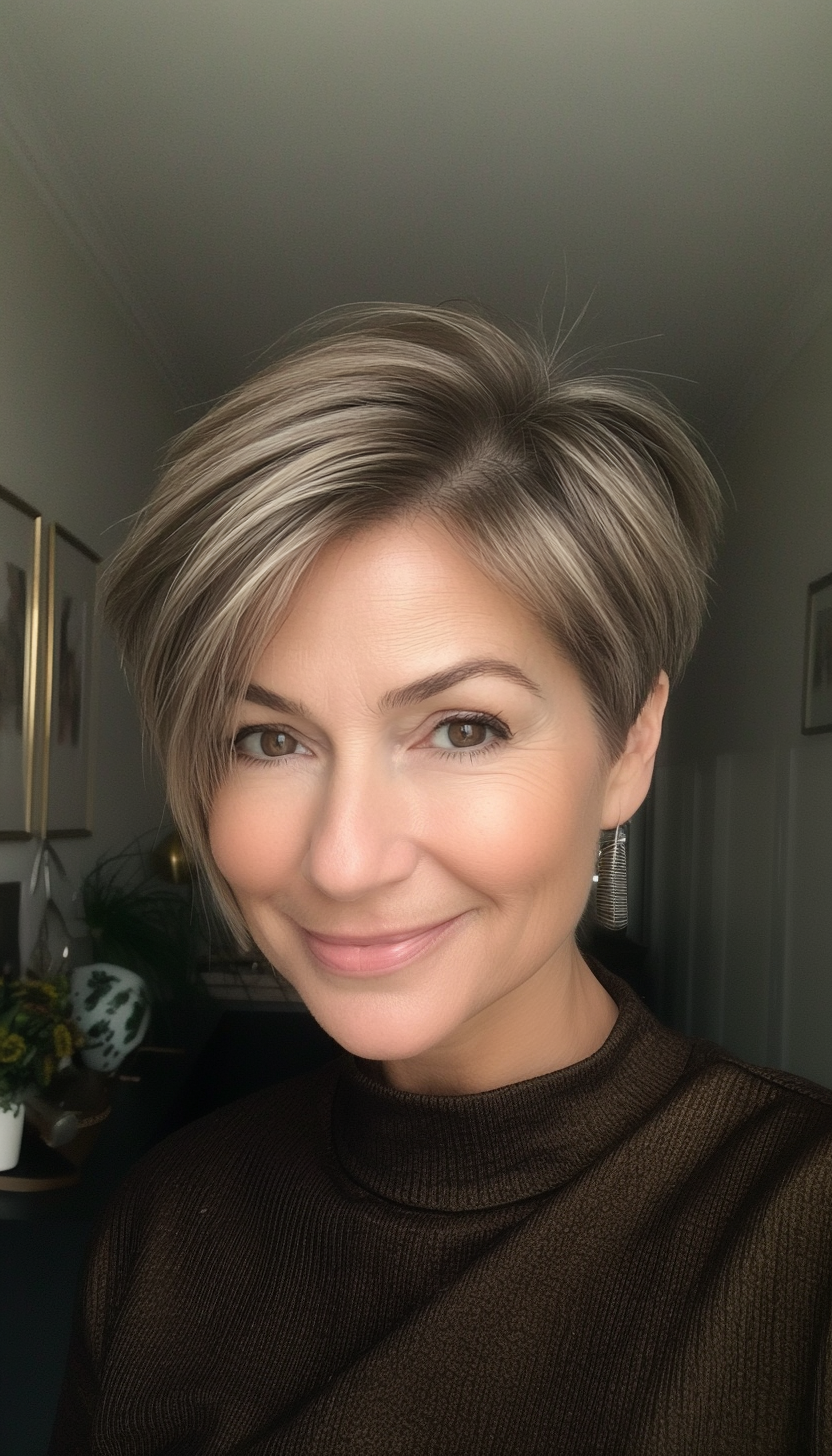27. Side-Tucked Short Cut with Soft Sand Brown (Short Haircuts For Older Women With Thin Hair) - Short Haircuts For Older Women With Thin Hair