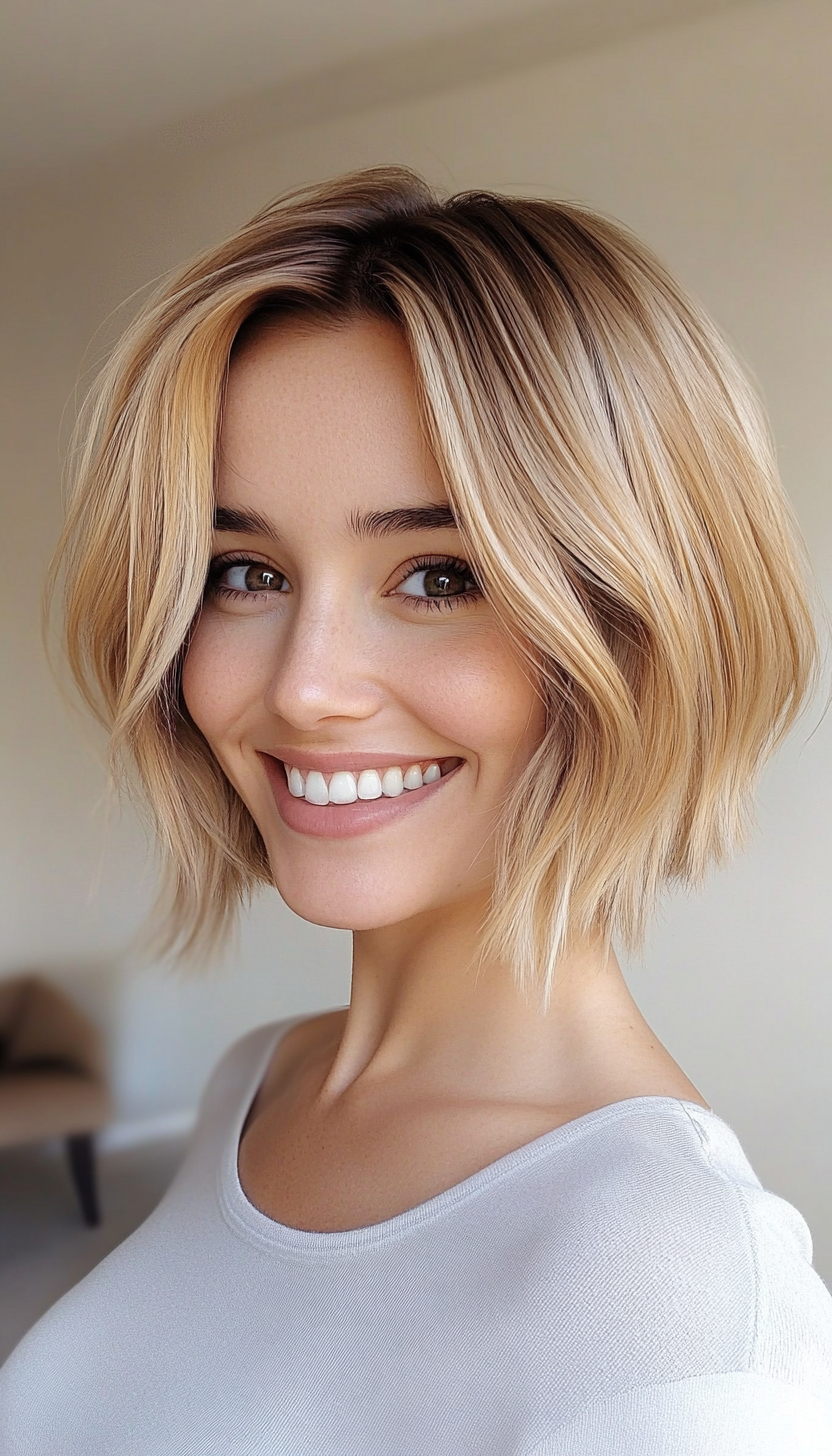 4. Layered A-Line Bob in Warm Honey Blonde (Short Hairstyles With Layers) - Short Hairstyles With Layers