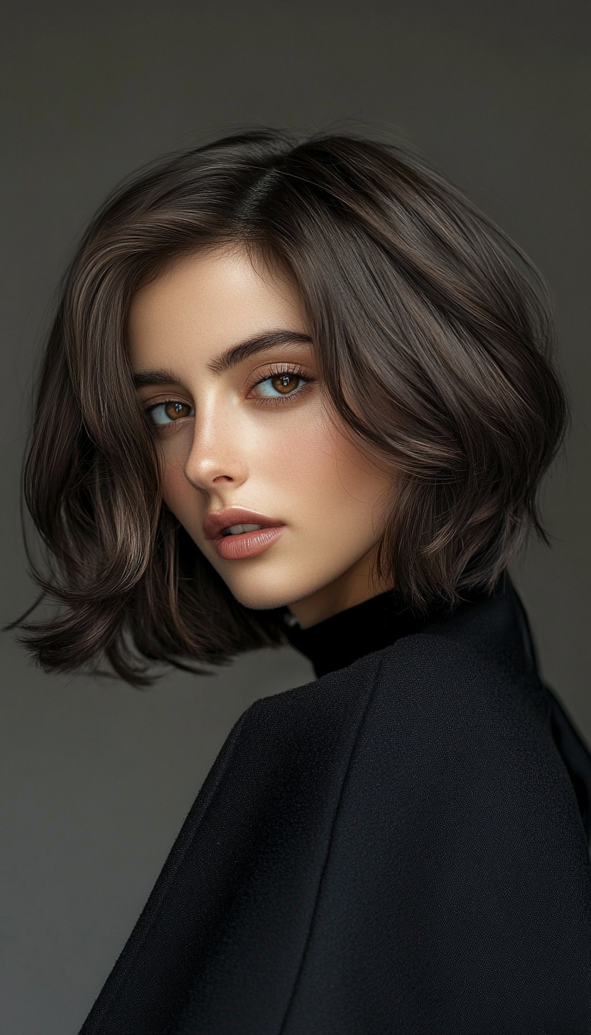 10. Wavy Layered Lob in Deep Chocolate Brown (Short Hairstyles With Layers) - Short Hairstyles With Layers