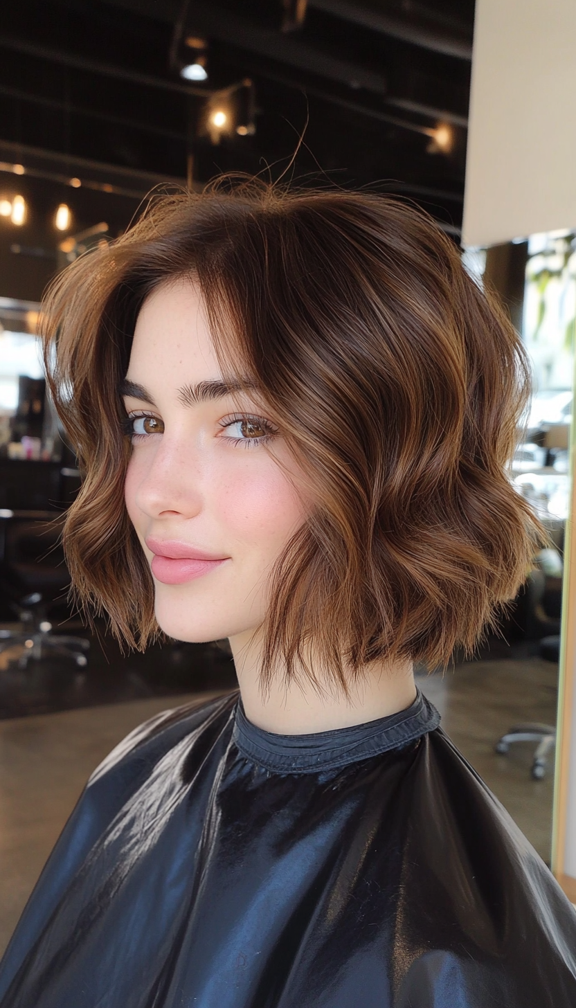 26. Wavy Textured Bob in Soft Chestnut Brown (Short Hairstyles With Layers) - Short Hairstyles With Layers