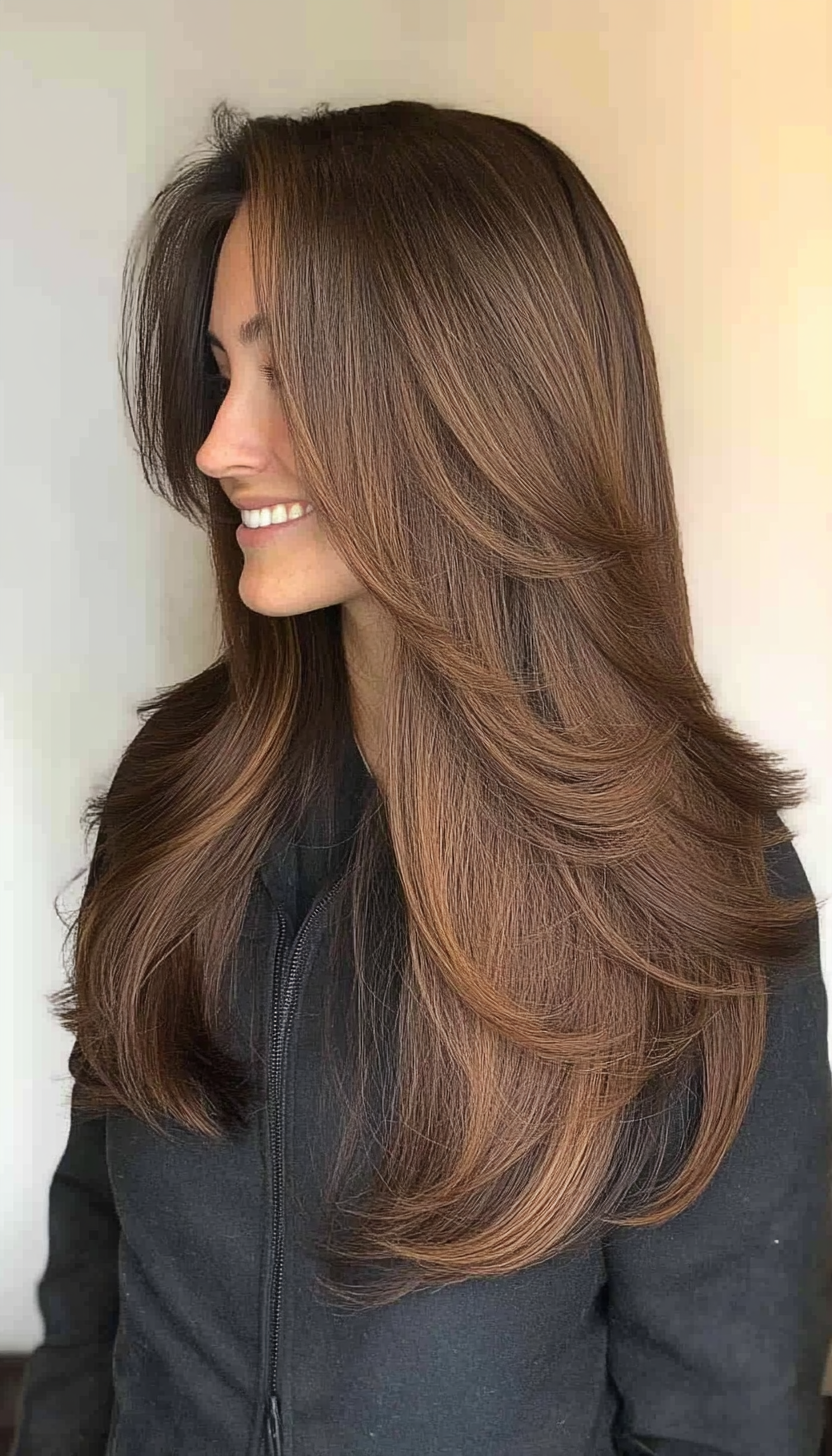 3. Long Feathered Layers in Deep Espresso Brown (Hairstyles For Work) - Hairstyles For Work