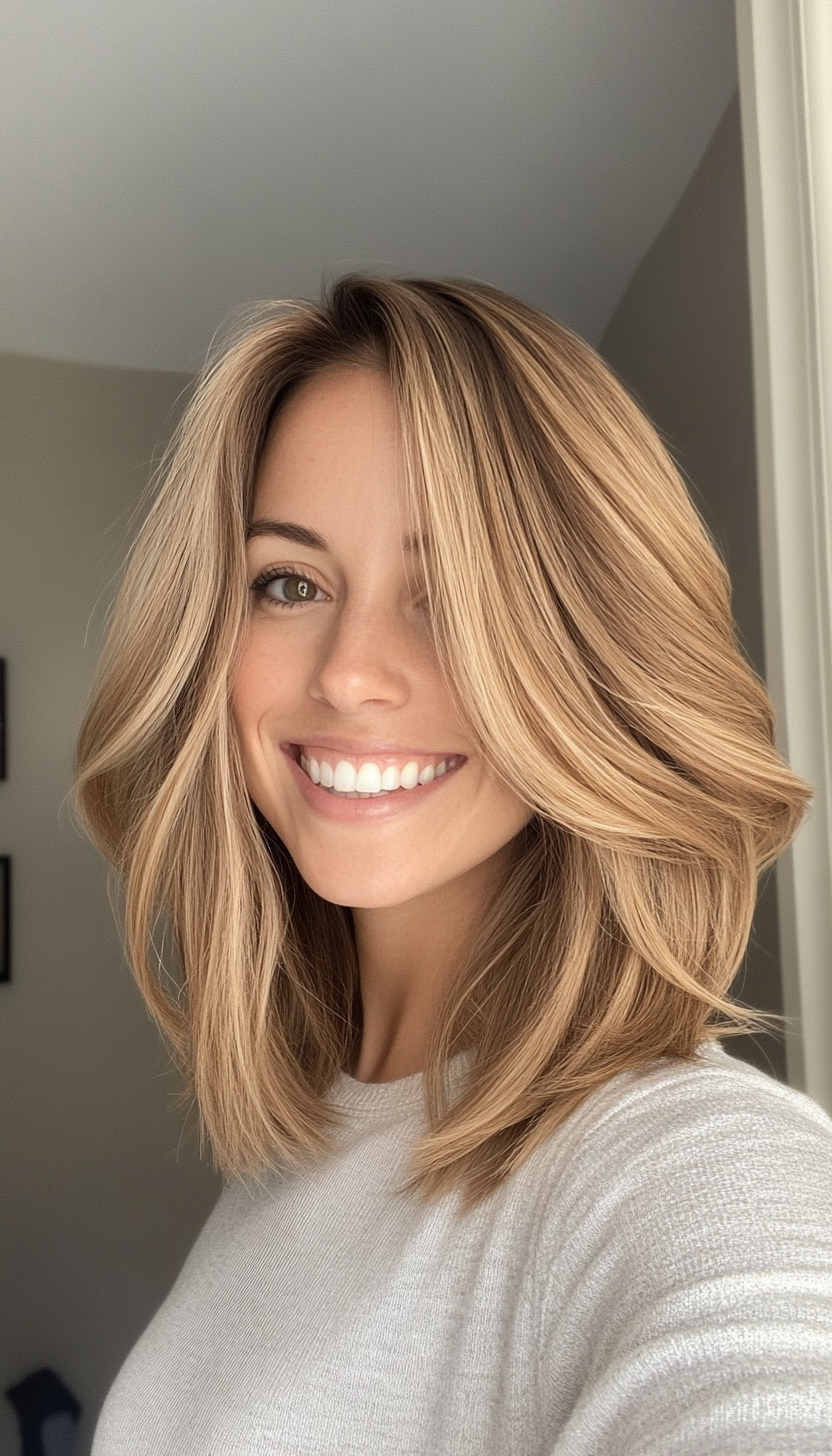 4. Side-Parted Lob with Sandy Blonde Balayage (Hairstyles For Work) - Hairstyles For Work