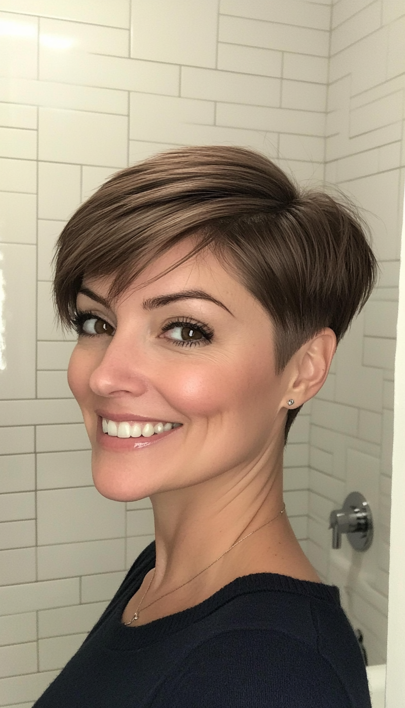 8. Polished Pixie Cut in Ash Brown (Hairstyles For Work) - Hairstyles For Work