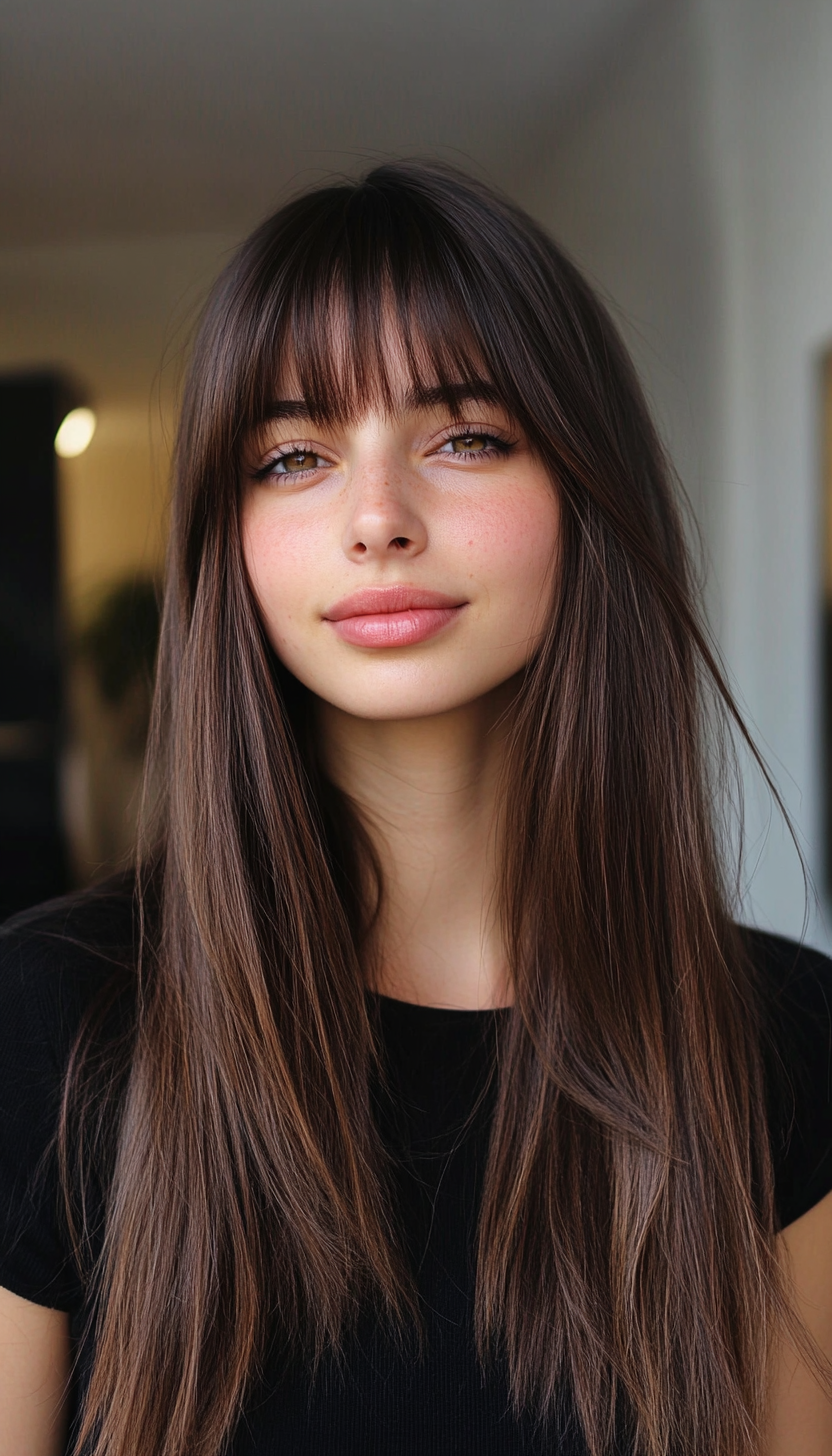 18. Blunt Bangs with Long, Straight Hair in Deep Brown (Hairstyles For Work) - Hairstyles For Work