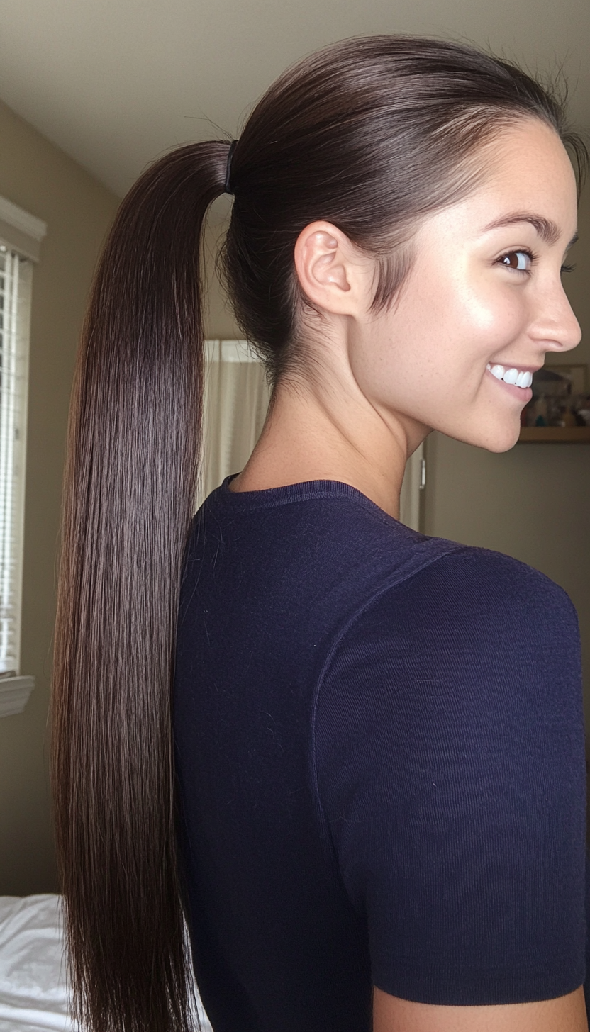 24. Polished Sleek Ponytail with Dark Brunette Shine (Hairstyles For Work) - Hairstyles For Work