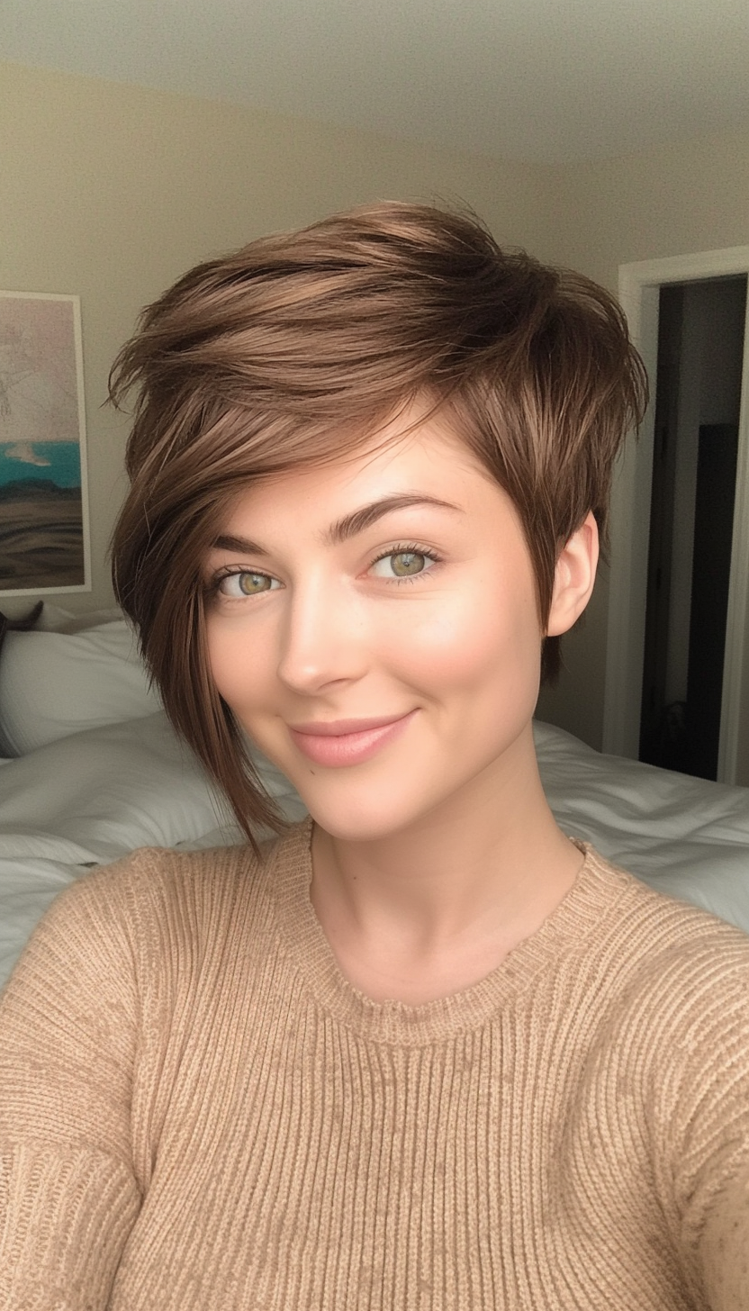 2. Tapered Pixie with Side Bangs in Warm Brown (Short Pixie Haircuts) - Short Pixie Haircuts