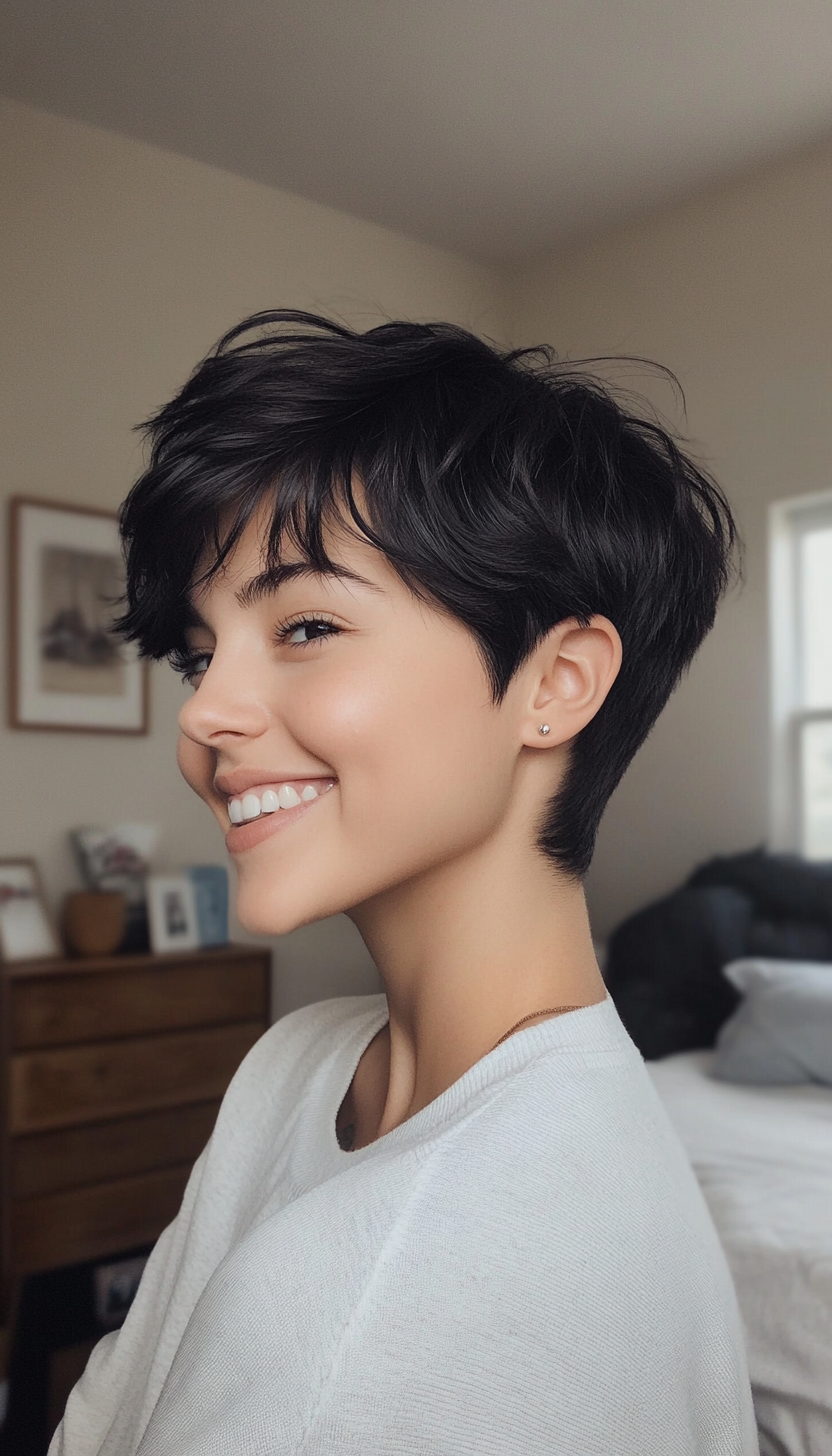 9. Cropped Pixie with Baby Bangs in Soft Black (Short Pixie Haircuts) - Short Pixie Haircuts