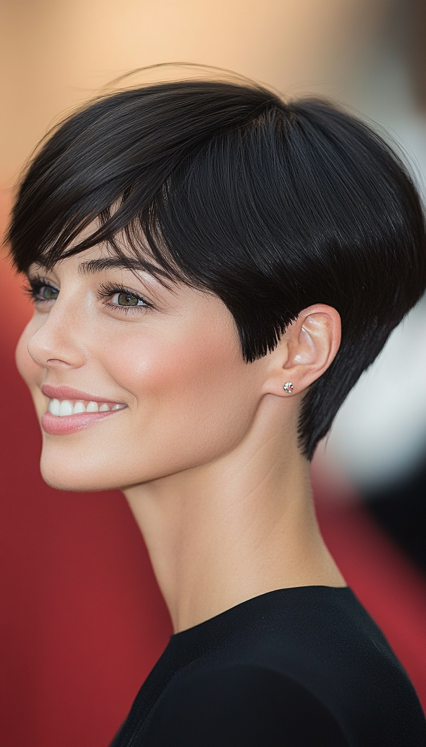 17. Sleek Pixie with Asymmetrical Bangs in Warm Black (Short Pixie Haircuts) - Short Pixie Haircuts