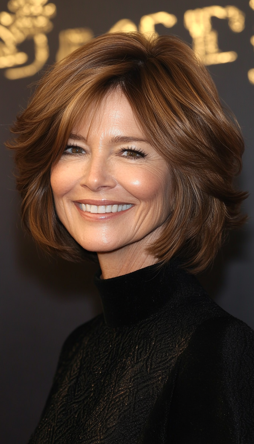 1. Classic Layered Bob in Warm Chestnut (Short Hairstyles For Older Women With Thick Hair) - Short Hairstyles For Older Women With Thick Hair