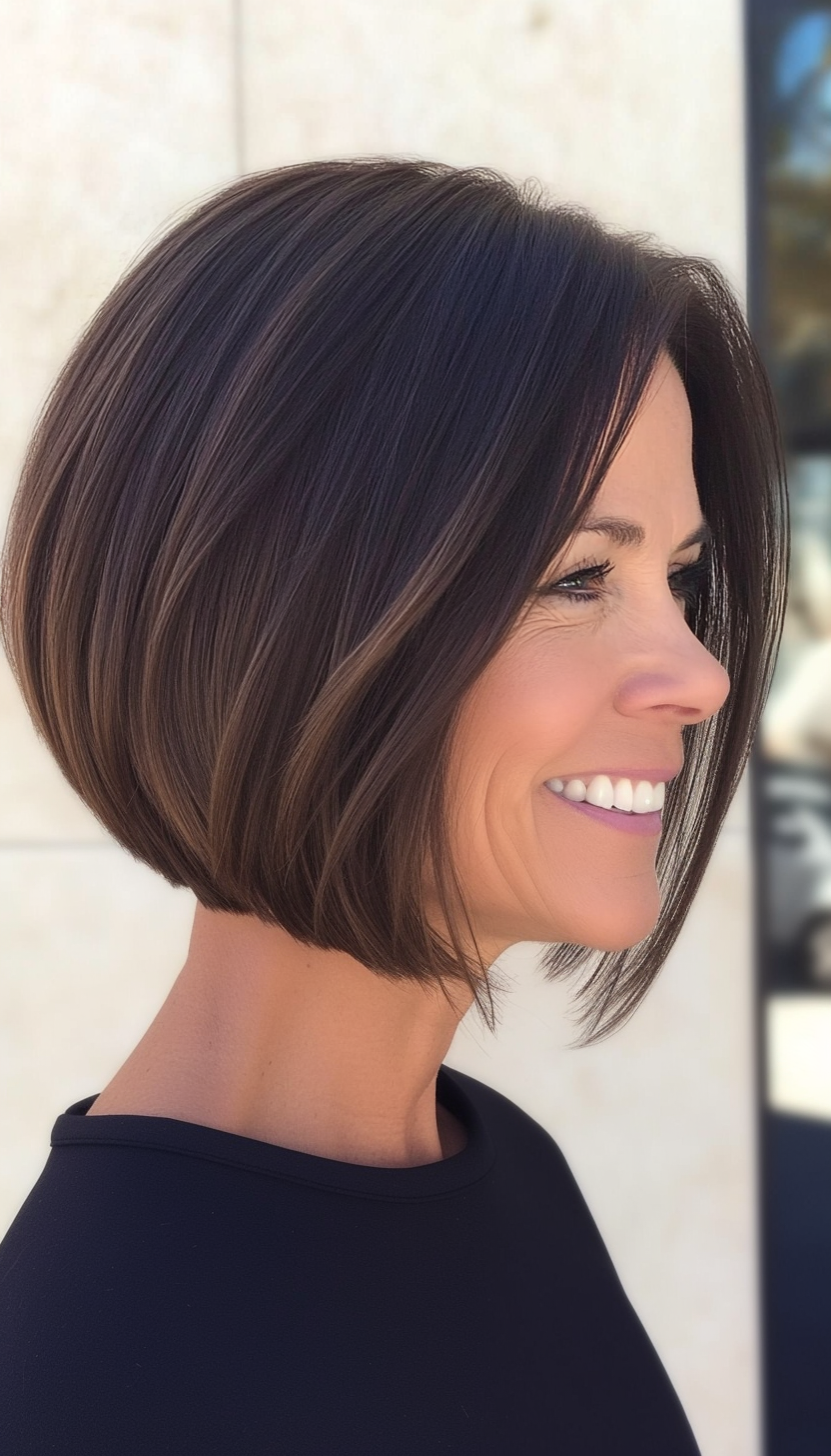 4. Angled Bob in Deep Brunette (Short Hairstyles For Older Women With Thick Hair) - Short Hairstyles For Older Women With Thick Hair