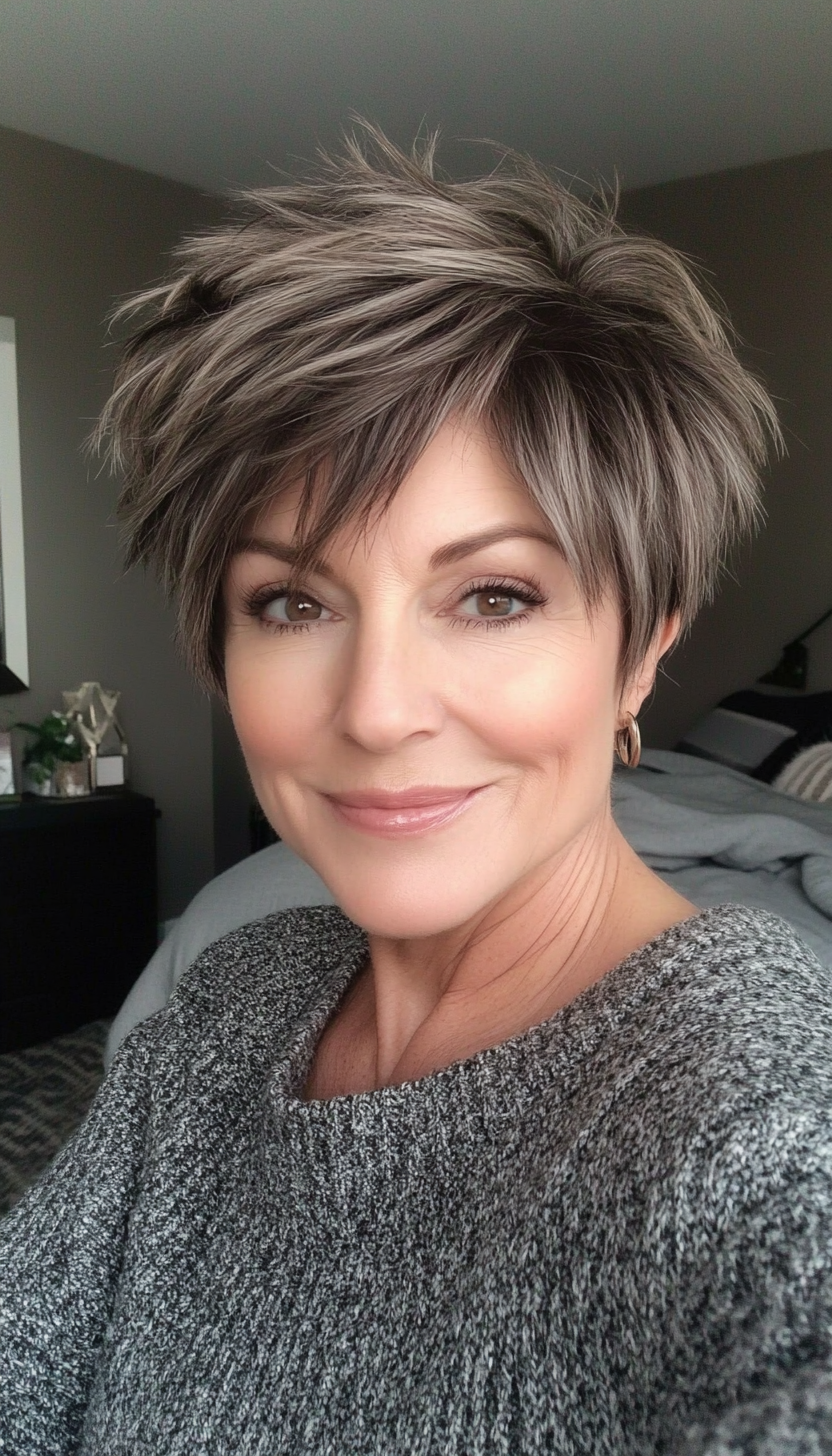 5. Choppy Pixie in Salt-and-Pepper Blend (Short Hairstyles For Older Women With Thick Hair) - Short Hairstyles For Older Women With Thick Hair