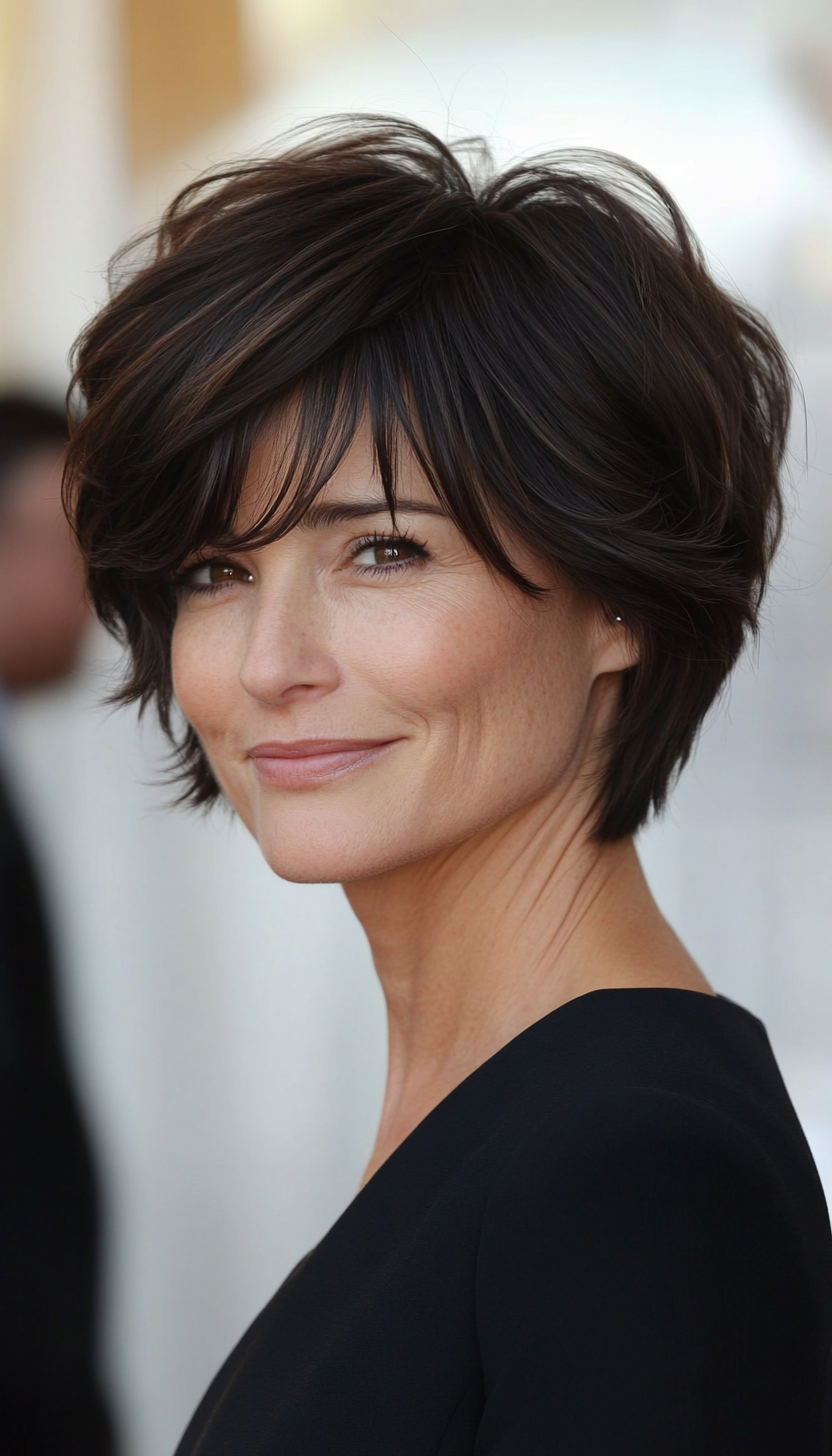 10. Layered Pixie with Side-Swept Bangs in Dark Chocolate (Short Hairstyles For Older Women With Thick Hair) - Short Hairstyles For Older Women With Thick Hair