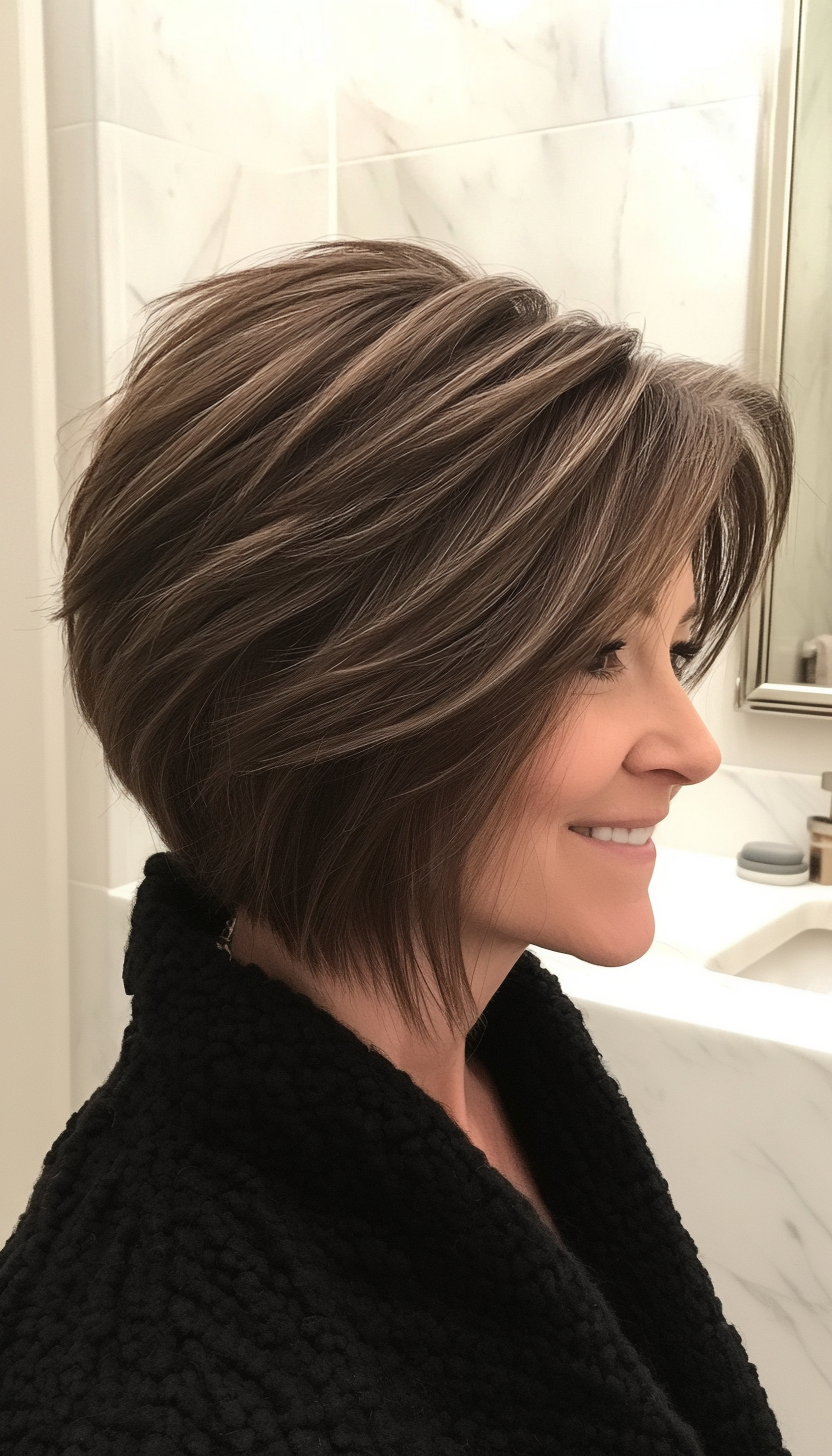 13. Stacked Bob in Cool Ash Brown (Short Hairstyles For Older Women With Thick Hair) - Short Hairstyles For Older Women With Thick Hair