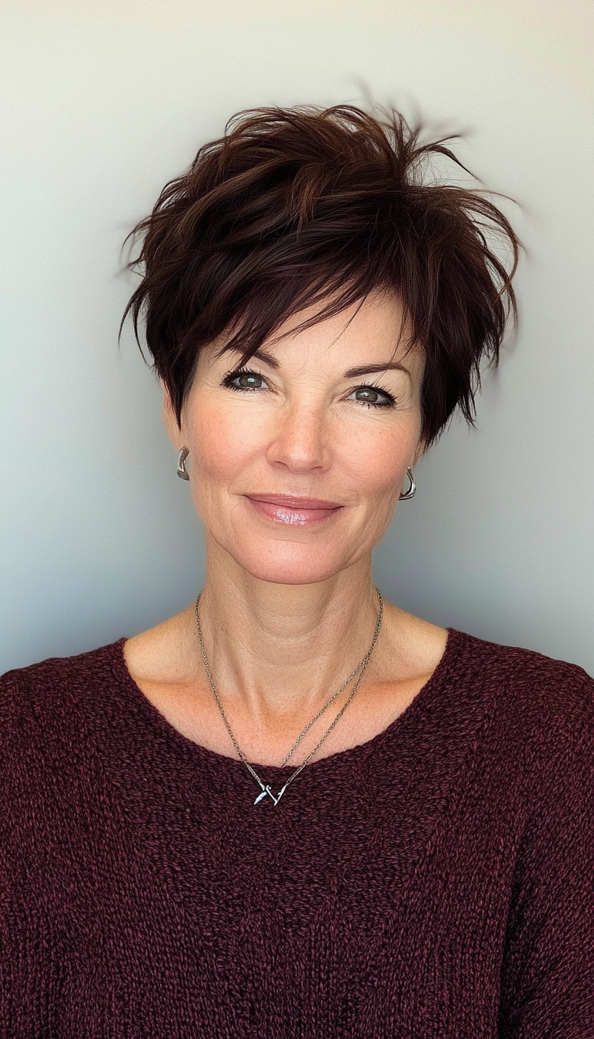 14. Tousled Crop in Deep Mahogany (Short Hairstyles For Older Women With Thick Hair) - Short Hairstyles For Older Women With Thick Hair