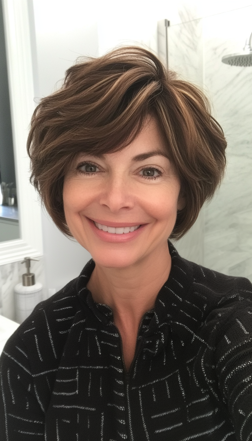 15. Short Layered Shag in Warm Cinnamon Brown (Short Hairstyles For Older Women With Thick Hair) - Short Hairstyles For Older Women With Thick Hair