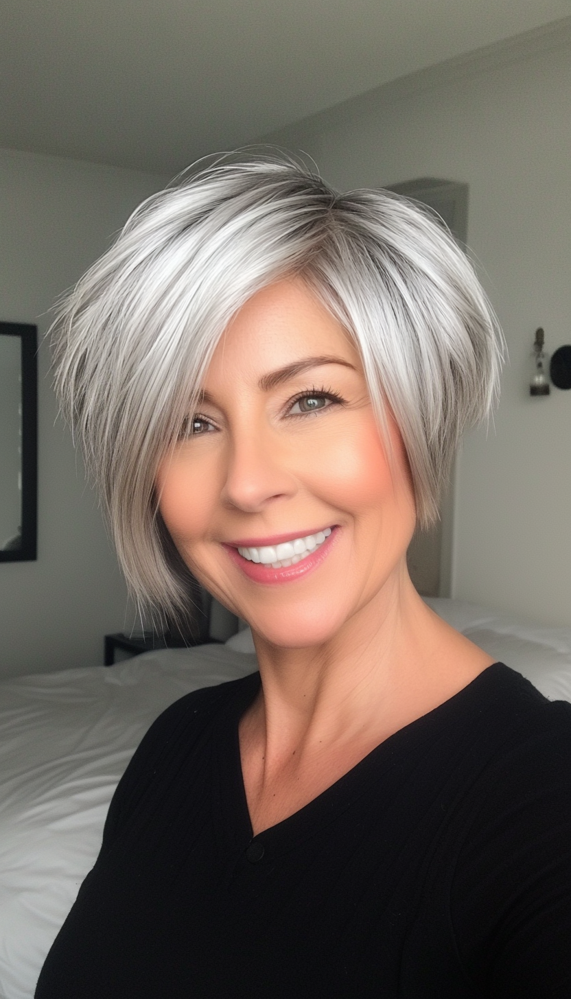16. Side-Parted Pixie in Natural Silver (Short Hairstyles For Older Women With Thick Hair) - Short Hairstyles For Older Women With Thick Hair