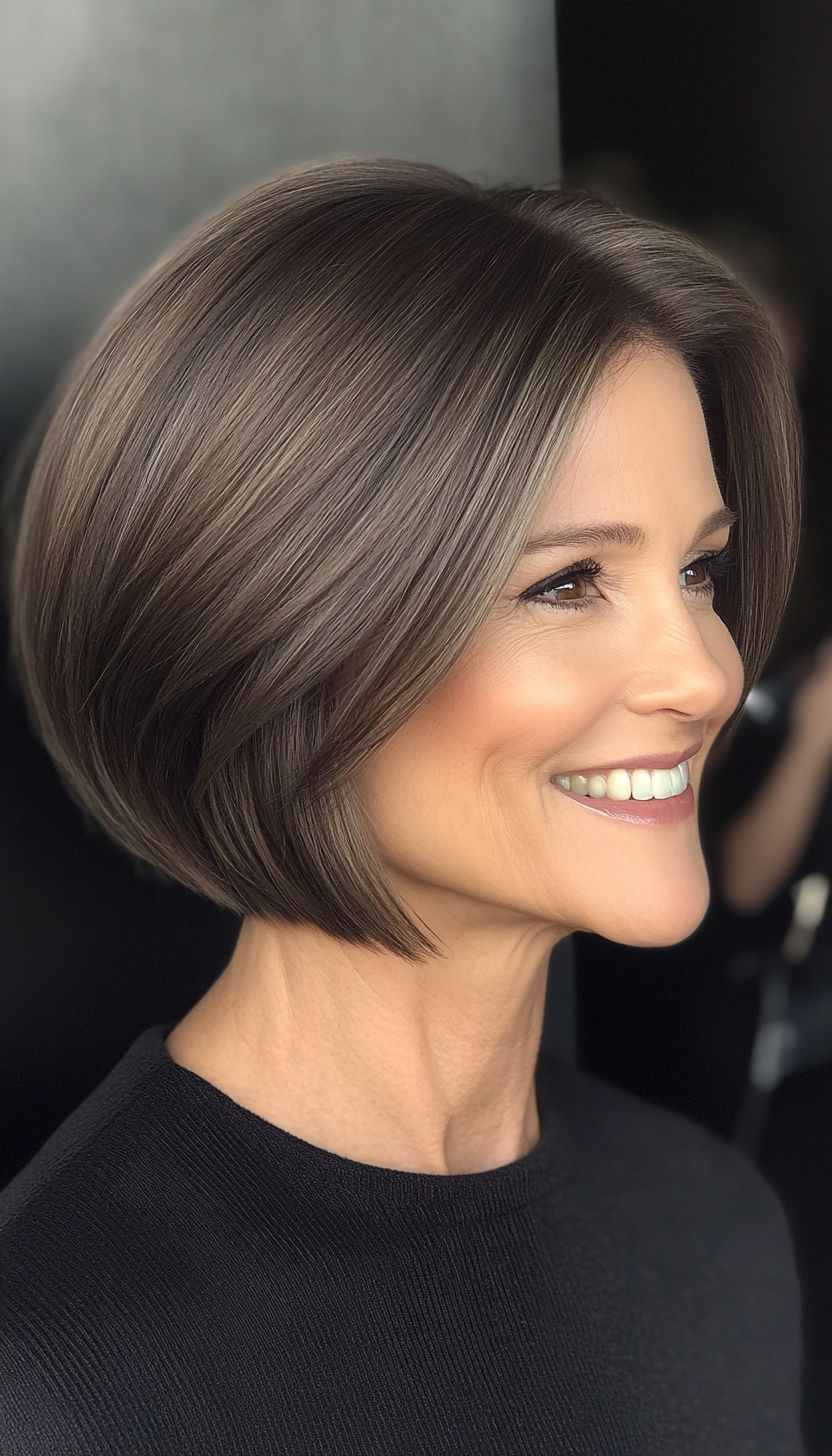 17. Ear-Length Bob in Dark Ash Brown (Short Hairstyles For Older Women With Thick Hair) - Short Hairstyles For Older Women With Thick Hair